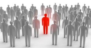 Red person in crowd of grey people